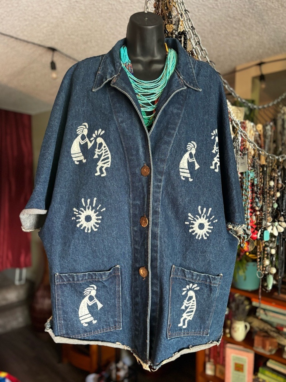 RAMA USA Denim Kokopelli Art Jacket • Boho Oversized Poncho Boho • Wearable Art